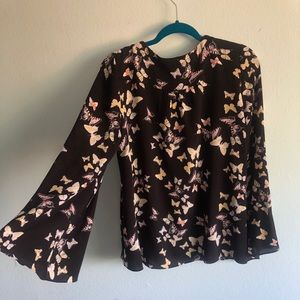Flowy long sleeve black butterfly print top